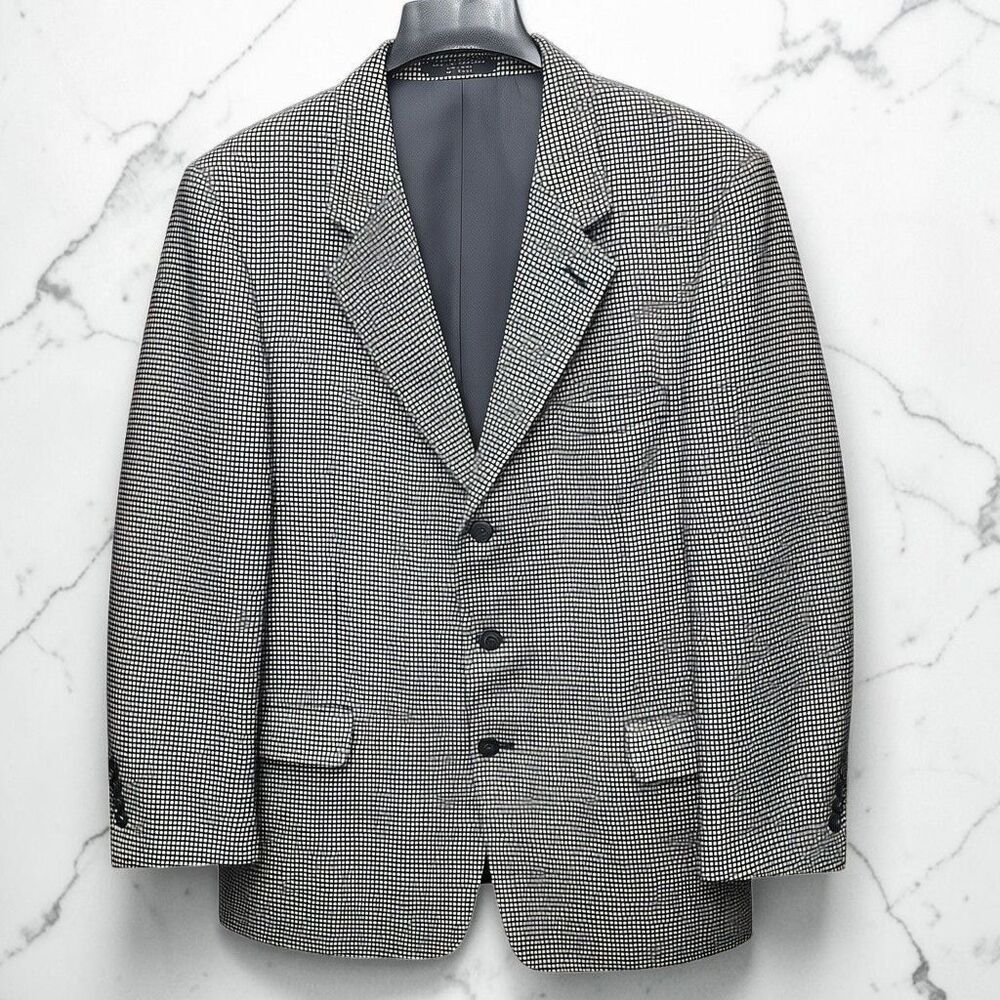 Jones New York Wool Houndstooth Blazer Mens 42R Black White Sport Coat Preppy